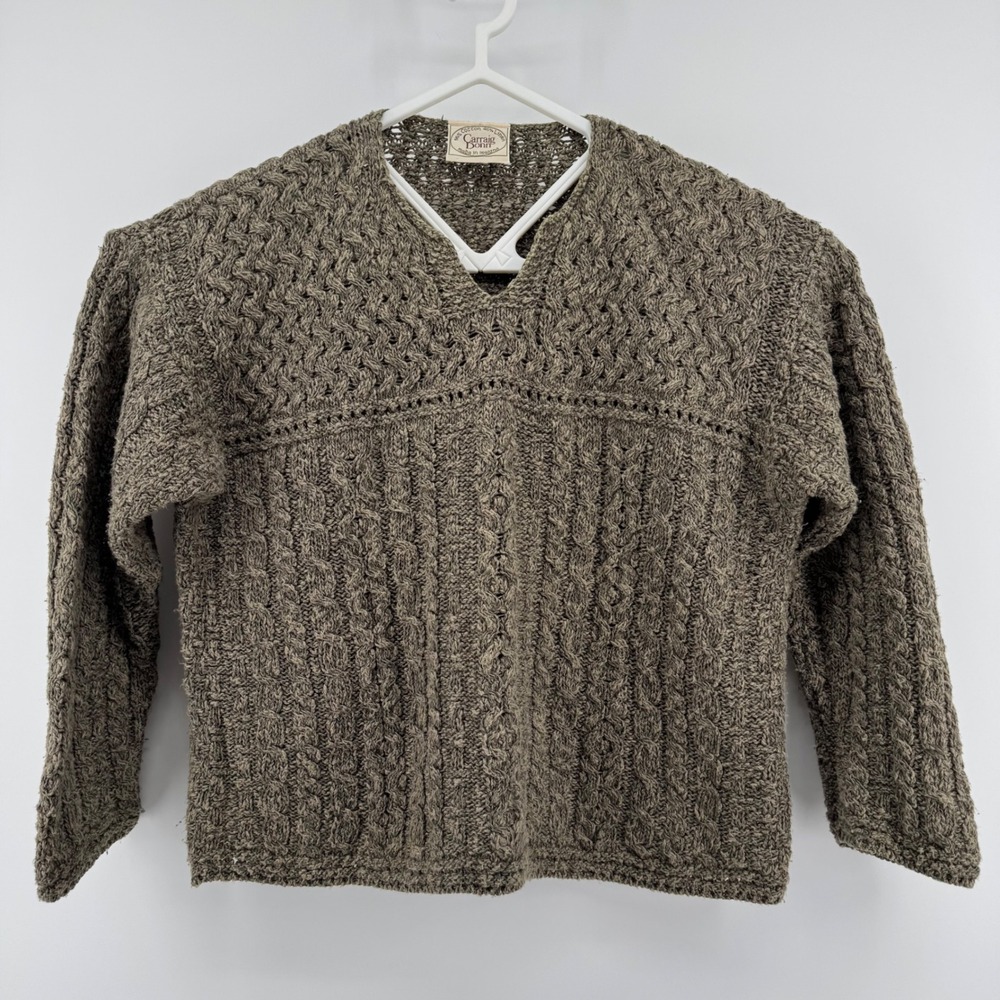 Carraig Donn Ireland Cotton Linen Cable Knit V-Neck Sweater Green Women's XLGree